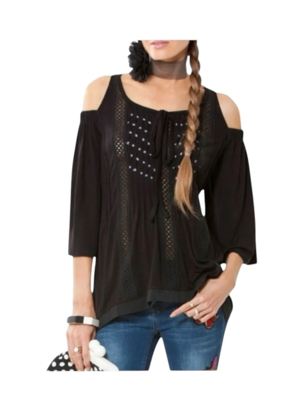 new Hale Bob ༄ Shaina Silk Crochet Cotton Voile Cold Shoulder Top ༄ Black XS - Picture 3 of 16